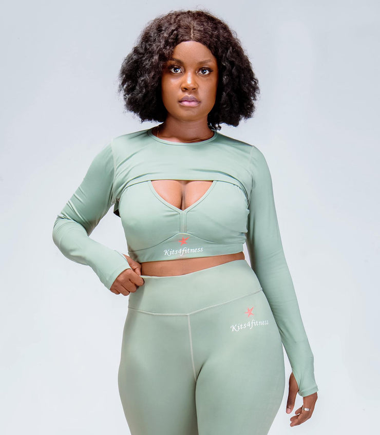 3 PIECES MINT GREEN CROP TOP & HIGH WAIST LEGGINGS & V NECK SPORTS BRA