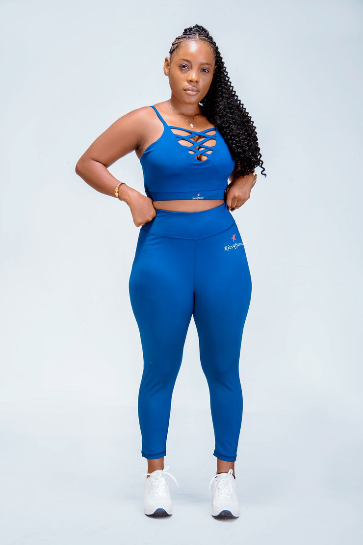 NAVY BLUE LACE-UP PLEATED GYM LEGGINGS