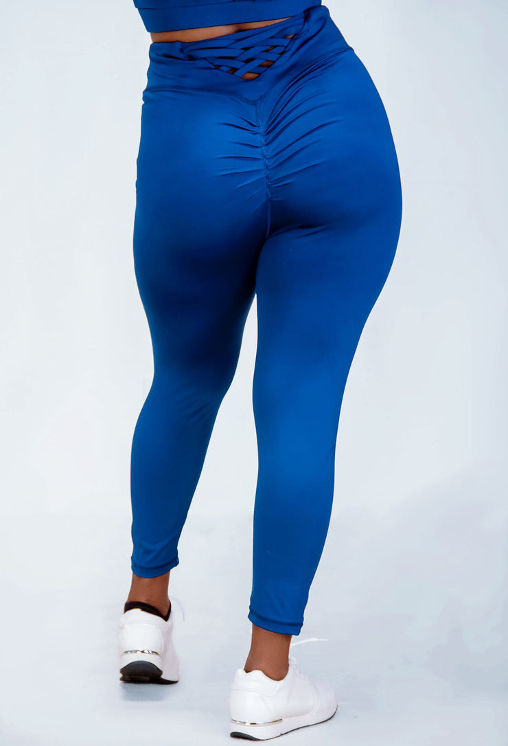 NAVY BLUE LACE-UP PLEATED GYM LEGGINGS